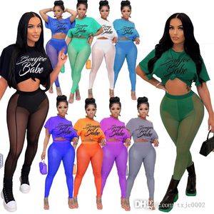 Sexy Womens Sheer Yoga Pants Suit Designer Tracksuits Summer Casual Printed Tops Mesh Leggings Two Piece Matching Set