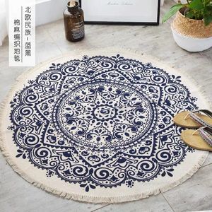 Tapetes de tapetes redondos nórdicos Boho Mandala étnica tapete de tassel para sala de estar de algodão linho grande tapete de piso moderno 90 cm tapetes