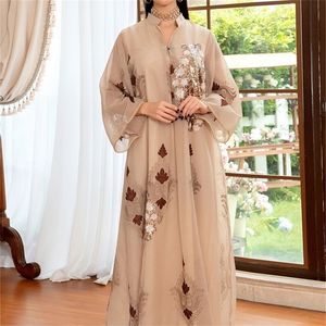 Düğün Kaftan Elbise toptan satış-Payetler jalabiya taklit keten işlemeli uzun Arapça elbise Fas Kaftan Kadın Müslüman Partisi Akşam Ramazan Düğün Abaya