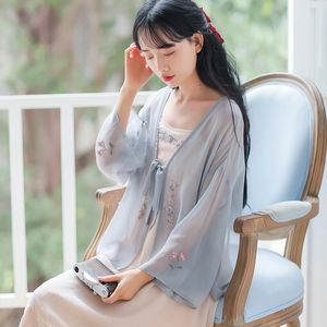 Women's Knits & Tees Women Floral Embroidery Chiffon Cardigan Jacket V Neck Tie Bow Vintage Shawl Cardigans Lady Long Sleeve Sun Protection