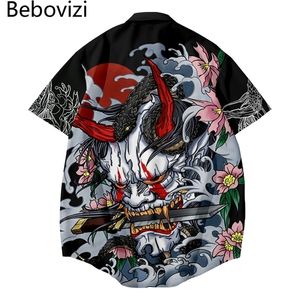 Japoński styl Demon Wydruk Koszula Mężczyźni Hawajski Moda Lato Krótki Rękaw Harajuku Anime Odzież 220322