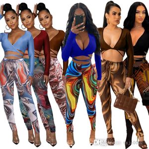 Fashion 2 Piece Yoga Pants Set Designer Women Clothes Sexy V Neck Long Sleeve Lace Up Crop Tops Printed Mesh Leggings Outfits 2022