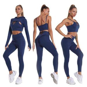 Yoga Set Women Seamless Gym Sport Clothing Workout Fitness Långärmad Crop Top High midje Leggings J220706