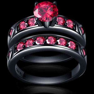 Czerwony jasny pierścionek Garnet Piękny biżuteria ślubna Czarna złota pełna para Zestaw pierścionków Bijoux Kobieta Man285s