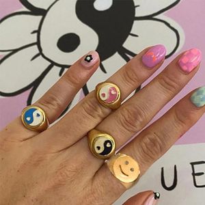 Cluster Anelli Stile Coreano Oro Argento Colore Metallo Per Le Donne Carino Smalto Cuore Yin E Yang Knuckles Anello Gioielli Regali Goccia