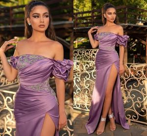 I più nuovi abiti da sera lavanda viola sexy coscia alta spaccata appliques perline spalle pieghe lunghe robe de soriee abiti da ballo da sera