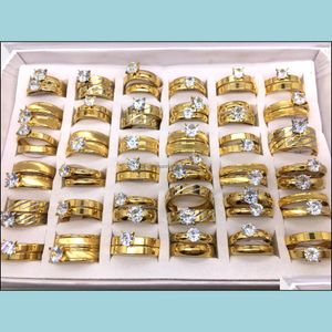 Band Rings Jewelry 20Pairs Of 2 In 1 Hand Inlay Zircon Stone Golden Plated Stainless Steel For Men Women Wedding Part Dhgs3