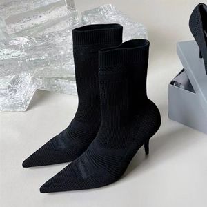 Manschettengestrickte Socken Heels Knöchelstiefel Stretch Stretch Schwarz No Reißverschluss Boots Party Stiefel Frauen Luxusdesigner Schuhe Fabrik Schuhe 8,5 cm 35-41 Gröze