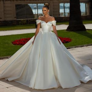 Exquisite Pleated Off-Shoulder Lace Wedding Dress with Beaded Lace-up Back