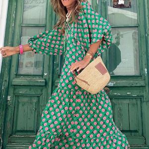 ファッションパフスリーブロングドレス夏の女性ルーズプリントフーホーホリデービーチの幾何学的なプリントベスティドス220527