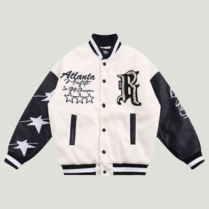 Hip Hop Pearl Embroidery Baseball Jackets Mens Harajuku Pu Leather Patchwork Thicken Coats Streetwear Casual Loose Jacket unisex T220728