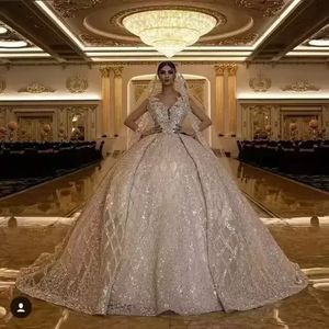 Luxury Champagne Ball Gown Wedding Dress V Neck Lace Appliqued Crystal Beading vestido de novia Plus Size Bridal Gowns BC14073