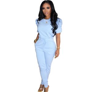 Women's Two Piece Pants Casual Candy Color Leisure Wear Fashion Puff Sleeve O-neck T-shirts Drawstring Long Women Soft Outfits Lounge Set 20