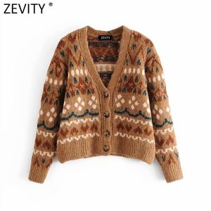 Zevity New Women Vintage V Neck Geometric Print Casual Short Knitting Sweater Femme Chic Breasted Cardigans Retro Coat Tops S552 210204