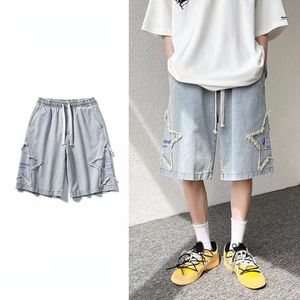 Star Embroidered Denim Shorts Men's Jeans Drawstring Oversized Wide Leg Jeans Casual Streetwear Shorts Washed Casual Pants 0615