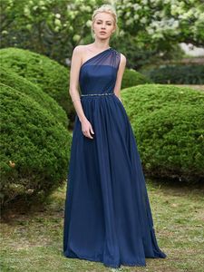 VARM! Navy Blue A-Line Style Chiffon Coral Bridesmaid Dresses Plus Size Mermaid Maid of Honor Gowns för Bröllop Scoop Neck Lace Party Dress