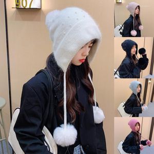 Beanie/Skull Caps Women Winter Sticke Hat With Plush Pompom Ball Sweet Girls Casual Pearl Crochet Beanie Outdoor Solid Color Earfap Cap DE