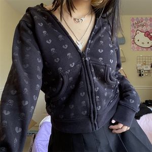 90'lar Vintage Kafatasları Baskı Siyah Sweatshirt Fermuar Uzun Kollu Sonbahar Hoodies Peri Grunge Ceketler Retro Harajuku Kış Ceket 220811