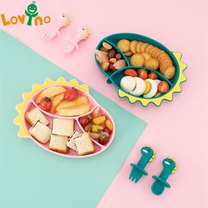 Baby Safe Silicone Dining Plate Silicone Icke-halk sugskivor Söt dinosaurie Kidsked Fork gaffel Babylefoder.