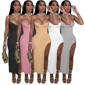 Designer Women Long Dresses Sexy Suspender Low Cut Open Back Split Hip Wrap Dress Slim Bodycon Club Wear Party Elegance W220315