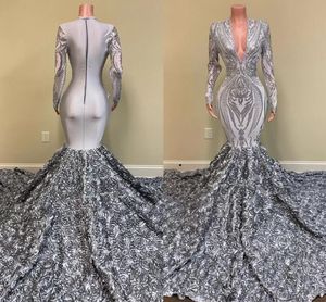 Silver African Girls Long Prom Dresses 2022 Mermaid V Neck Full Sleeve 3D Flowers Train Women Formal Party Evening Gown BES121