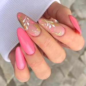 False Nails 24Pcs Pink Almond French Nail With Flower Glitter Design Wearable Press On Acrylic Reusable Full Cover Fake Tip