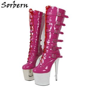 Sorbern prata 20cm saltos botas pole dança joelho alto stripper saltos brilhantes arrastar a rainha bota personalizada largamente magro encaixar a vitela bota