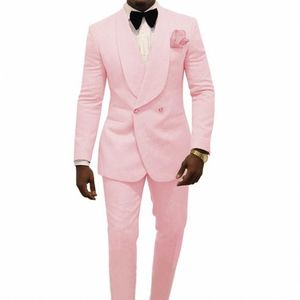 Fashion Pink Embossing Groom Tuxedos Double-Breasted Groomsmen Wedding Tuxedos Popular Men Formal Blazer Prom Jacket Suit(Jacket+Pants+Tie) 76