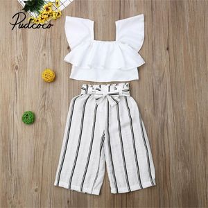 Pudcoco 2pcs Toddler çocuk kızlar yaz kıyafetleri kıyafetler beyaz mahsul üstleri çizgili pantolon set 2 7 yıl 220620