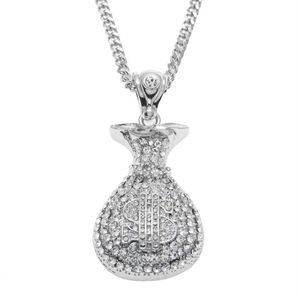 Hop Hip argento antico placcato oro ciondolo borsa denaro per uomo donna Bling cristallo dollaro collana di fascino lunga catena cubana gioielli289g