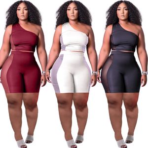 2022 Fashion Side Mesh See Through Tracksuits For Women One Shoulder Sleeveless Crop Top And Splicing Sports Shorts Casual 2 Piece Sets HT6073