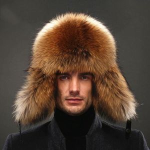 Berets IANLAN Mens Full-pelt Blue Fur Bomber Hats Real Raccoon Earmuffs Winter Outdoor Sheep Leather Caps IL00238