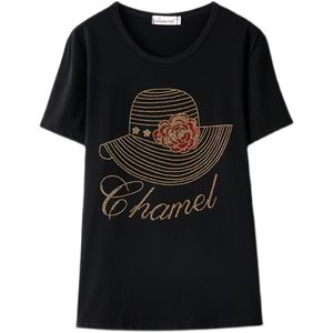Plus Size Hat Diamond Drilling T-Shirt For Women Summer Short-Sleeve Black Tops Tees Fashion Cotton T Shirts 3532 220321
