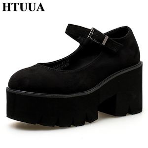 HTUUA New Autumn Thick Platform Shoes Women Pumps High Heels Buckle Casual Shoes Black Round Toe Shoes SX1528 CJ191217