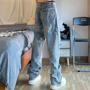 Jeans da uomo Y2K Streetwear Vintage ricamato a vita bassa con tasca larga con bottoni Grunge Pantaloni in denim blu per uomo Donna Abbigliamento taglie forti EUHC