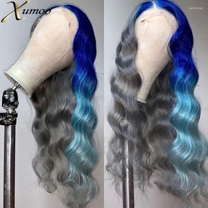 Lace Wigs XUMOO Body Wave Ombre Blue Front Bone Straight Silver Gray Raw Brazilian Human Hair With Baby For Cosplay Women Kend22