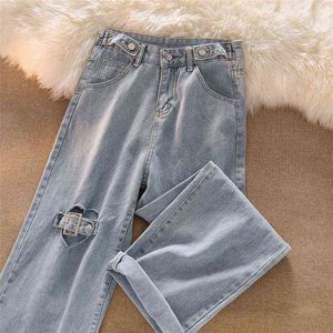 Dżinsy kobiety 90. retro ulica miłosna dżinsowe spodnie z wysokim talią proste rurki prażone spodnie koreańskie moda plus l220726