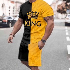 Король напечатанный 3D старинные мужские футболки + шорты пляжные наборы летнее дышащая мода короткий SVE мужской повседневный уличный костюм