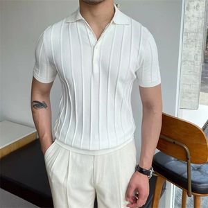 Frühling Sommer Stricken Polo Shirt Männer Casual drehen-unten Kragen Button-up Mode Gestreiften Solide Schlanke Tops Eis Seide stoff T-shirt 220516