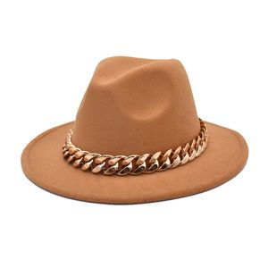Projektanci mody europejskie i amerykańskie damskie damskie krawędzi Grube łańcuch Fedora Hat Big brzeg Modna czapka płaska rączka jesień zima brytyjska czapki