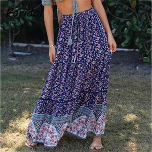 Foridol Floral Print Bohemian Long Skrits Womens High Waist Blue Hollow Out Maxi Skirt A-line Summer Casual Skirt Bottoms 210415