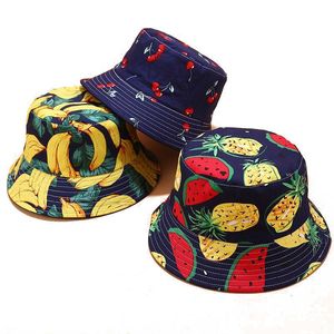 Berets Panama Eimer Hüte Frauen Männer Reversible Obst Banane Wassermelone Kirsche Drucken Fischer Hut Casual Harajuku Hip Hop Cap