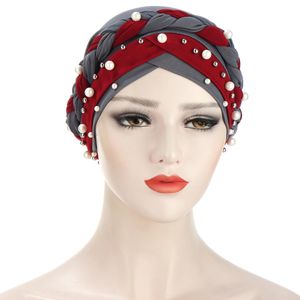 2022 Muslim Women Turban Cap Fashion Double Nail Pearl Beaded Women Headscarf Elastic Loose Wrap Headscarf Hair Accessories