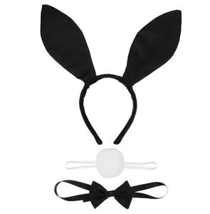 Conjunto de acessórios de fantasia de coelhinho feminino Tiara de orelha de coelho Colar de gravata borboleta Cauda para Halloween Páscoa Cosplay Adereços de festa Branco Preto