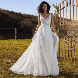 その他のウェディングドレスWeilinsha Bohemian Lace v-NeckA-Line for Bride Buttonバックスイープトレインスリーベルチュールブライダルガウンカスタムメイド