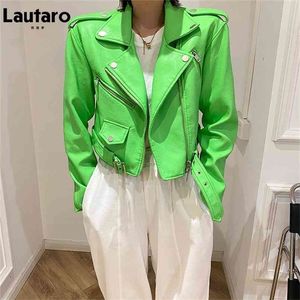 Lautaro Y2k Short Green Gecko Biker Lederjacke Langarm Reißverschluss Gürtel Farbige stilvolle Oberbekleidung für Damenmode 210908