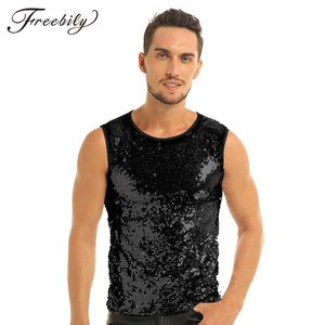 Men s T Shirts Sexy Mens Summer Sleeveless Crew Neck Slim Fitted Vest Tee Clubwear Men s Fashion Shiny Sequin Tops T shirtsMen s