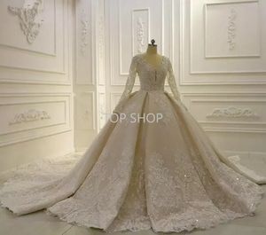 NEW!!! Luxury Ball Gown Wedding Dresses V Neck Lace Appliques Crystal Beads Long Sleeves Corset Back Bridal Gowns Custom Made Robe De Mariee Cathedral Train EE