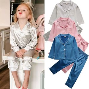 Childrens Kids Pyjamas Silk Satin Tops Pant Autumn Winter Long Sleeve Sleepwear Nightwear Girl Boy Pajama Sets 220715