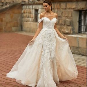 Vintage boho gelinlik 2 inç 1 çıkarılabilir tren zarif denizkızı dantel ülke gelinlik 2022 kapalı siyah kızlar gelin vestidos de novia robe mariage